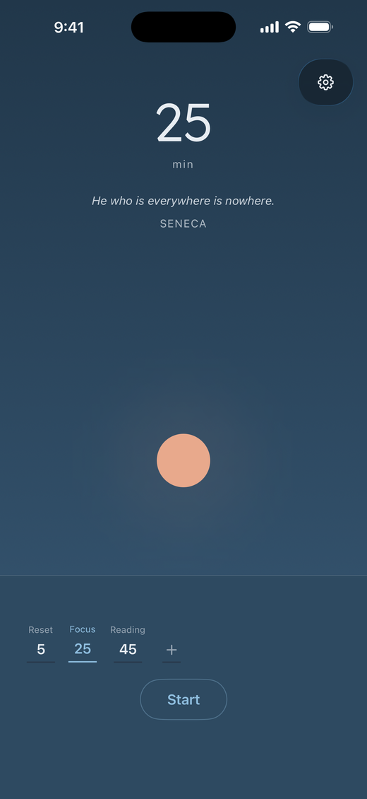 Blue Hour idle screen in dark mode showing the daily almanac quote