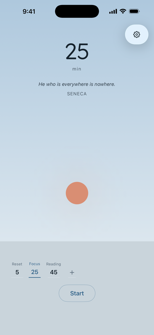 Blue Hour idle screen: a peach sun held mid-sky over a horizon line, with preset chips below